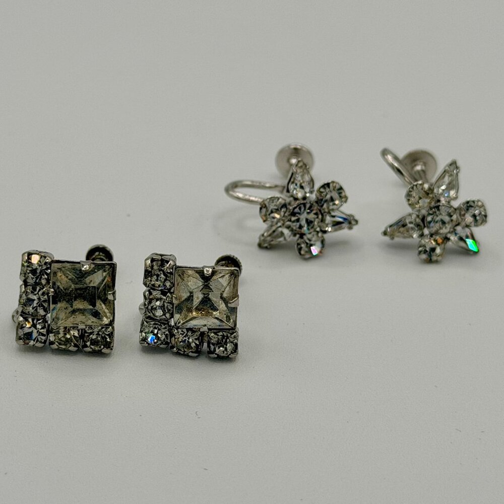VTG Screw-Back Earring Lot x2 | Rhinestone | Geometric & Floral Sparkle